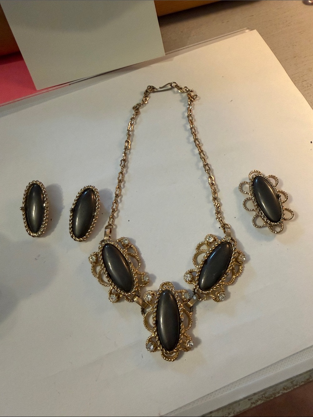 Vintage Gold-Tone Black Stone Statement Necklace and Earring Set